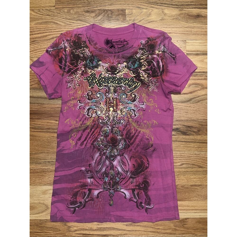 RARE Y2K Hierarchy Couture Tee Shirt Size L Screenprint Graphics Short Sleeves
